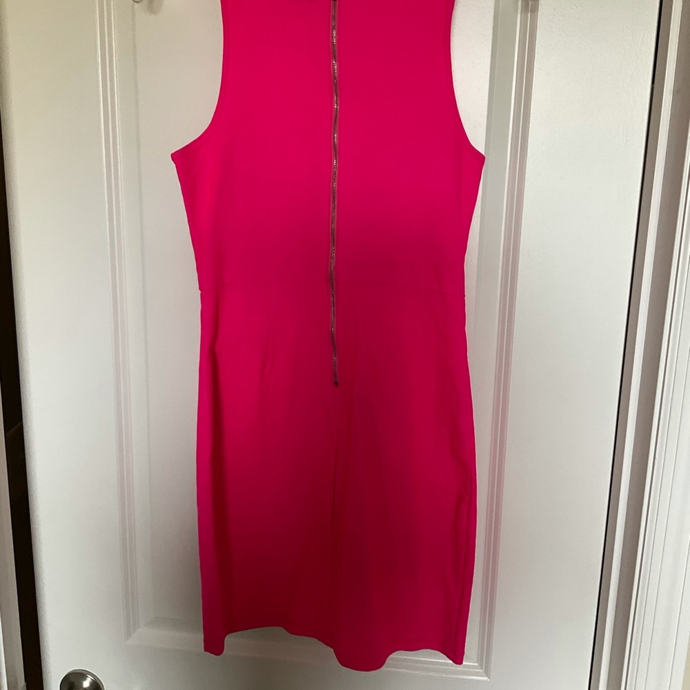 Akira Red Label Bright Neon Pink Bodycon Deep V Dress - Picture 3 of 3